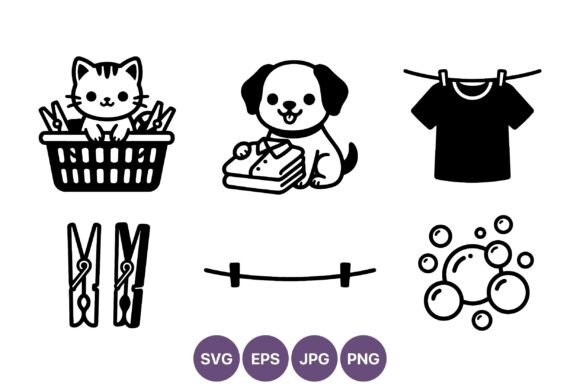 Cat Puppy Laundry Black White Line Art