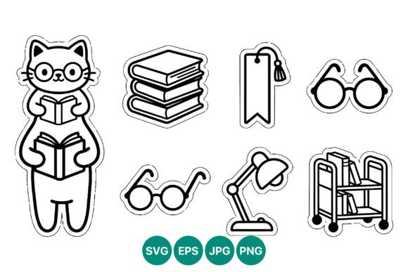 Cat Reading Books Black White Line Art