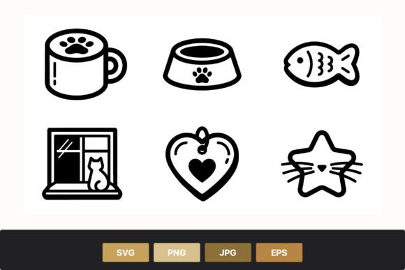Cat Themed Icons Set Black and White