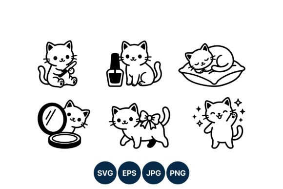 Cute Black and White Cat Vector Line Art
