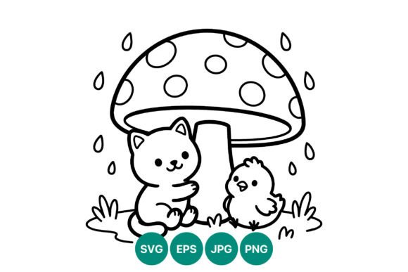 Cute Cat and Chick Under Mushroom Vector