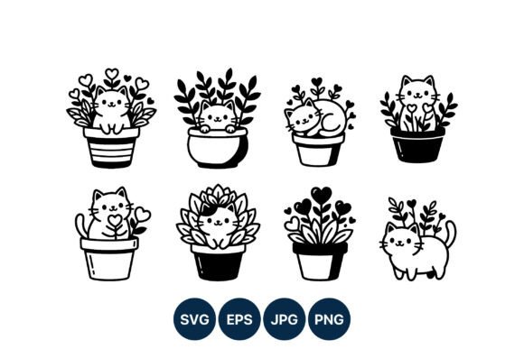 Cute Cat Flower Pot Vector Art
