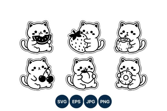 Cute Cat Fruit Line Art Icons