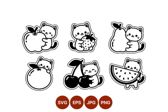 Cute Cat Hugging Fruits Black White