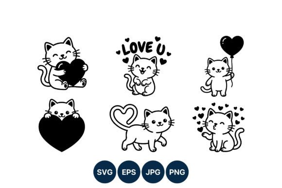 Cute Cat Love Heart Vector Set