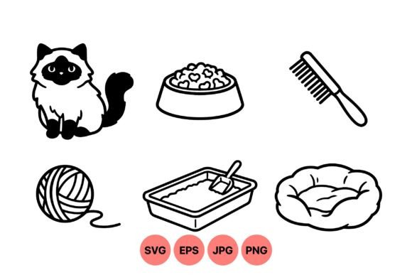 Cute Cat Pet Care Icons Set