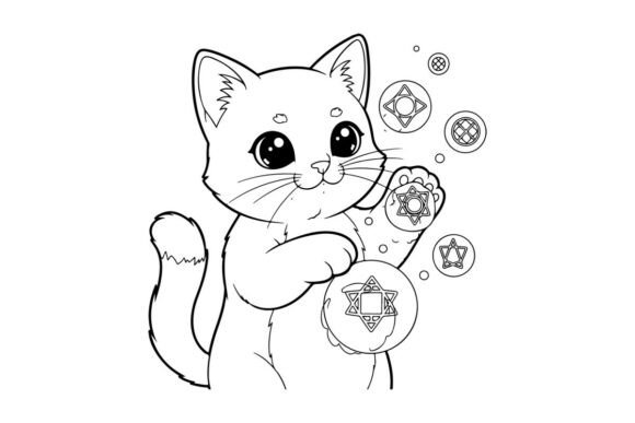 Cute Cat with Magic Symbols Vector Illus