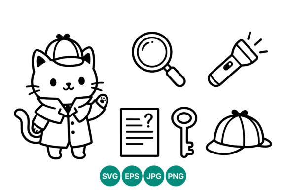 Cute Detective Cat Line Art Vector