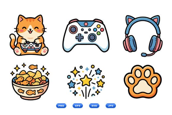 Cute Gamer Cat Icon Set