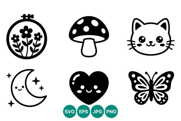 Cute Kawaii Black White Cat Heart Moon