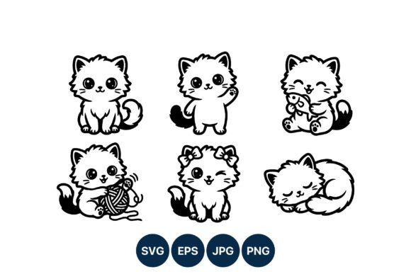 Cute Kitten Line Art Black White