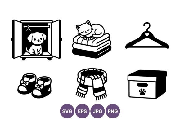 Cute Puppy and Cat Black Line Art Icons