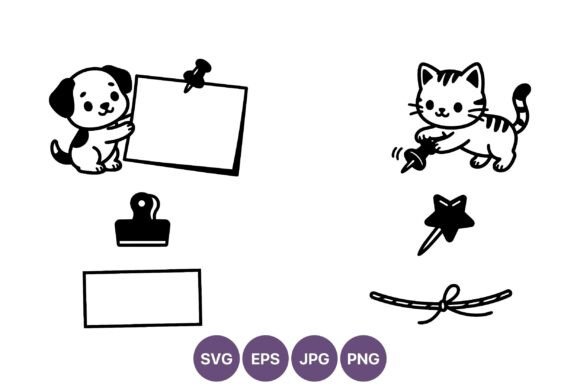 Cute Puppy and Kitten Black White Vector
