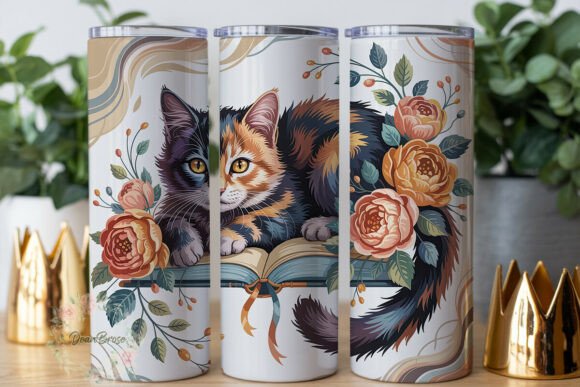 Elegant Cat on Book Floral Tumbler Wrap