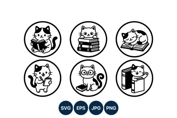 Funny Cat Reading Book Vector Set