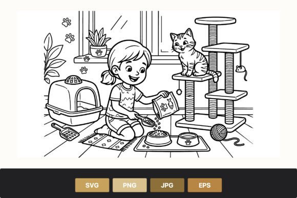 Girl Feeding Cat Indoor Black White Art