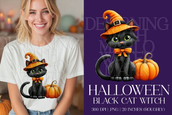 Halloween Black Witch Cat PNG Graphic G3