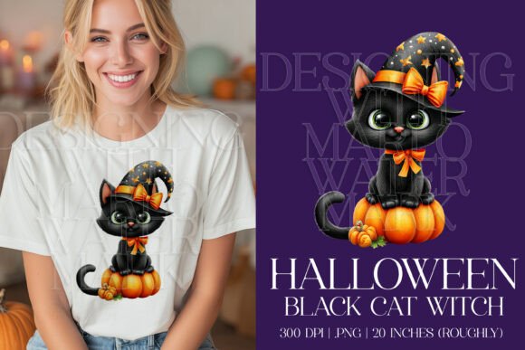 Halloween Black Witch Cat PNG Graphic G4