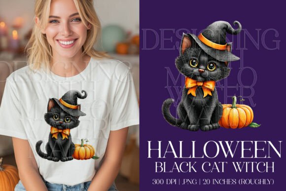 Halloween Black Witch Cat PNG Graphic G6