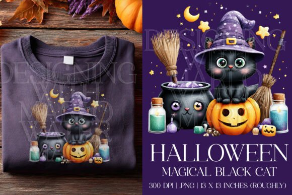 Halloween Magical Black Cat PNG, C1