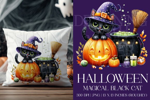 Halloween Magical Black Cat PNG C4