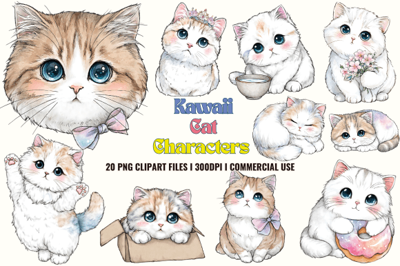 Kawaii Cat Characters Clipart