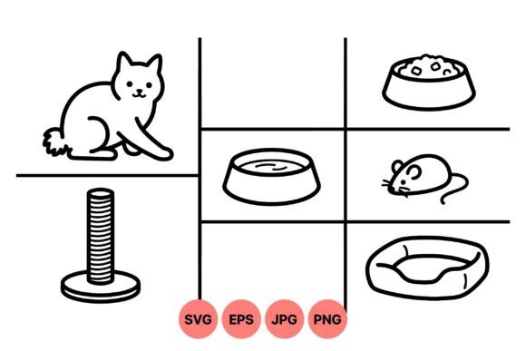Minimal Cat Care Line Art Set