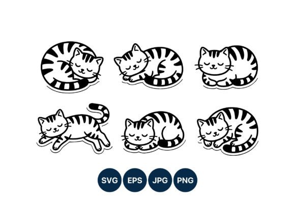 Sleeping Cat Vector Set Black White Line