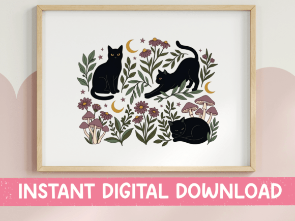 Three Black Cats Floral Moon SVG PNG