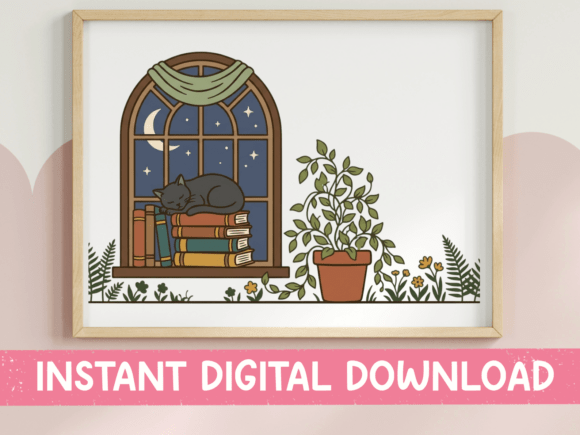 Window Cat and Books Night Design
